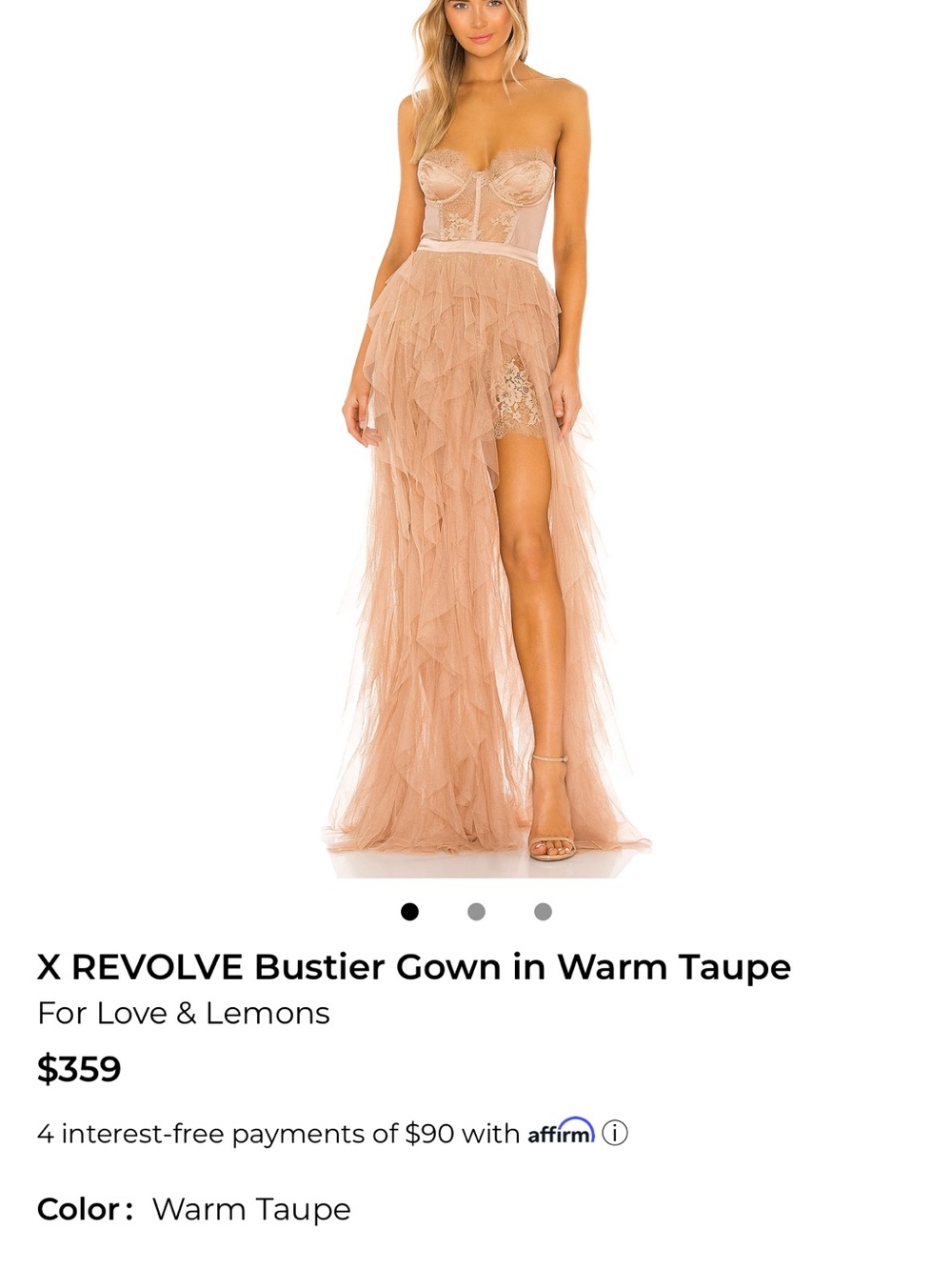 Coming soon! For Love And Lemons Taupe Strapless Bustier High-Low Gown